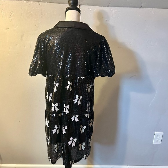 Simply Southern Sequin Puff Sleeve Bow Dress Black White Size Large - Picture 8 of 12